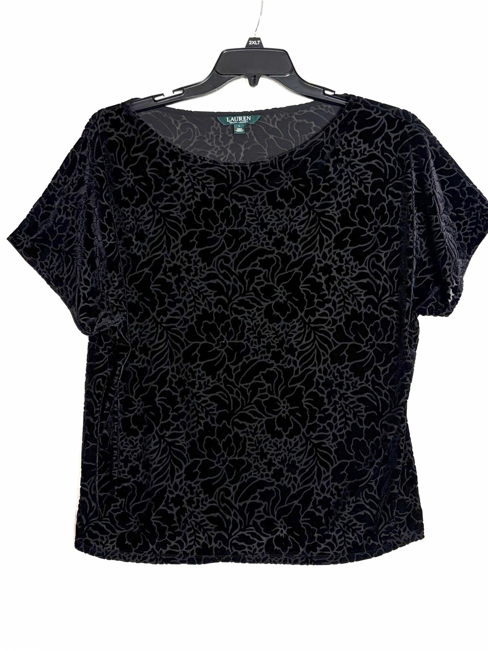 Ralph Lauren LRL Black Floral Burnout Velvet Short Sleeve Top Women Size L